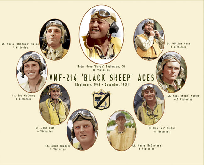 A photograph showing a collage of the VMF-214 Blacksheep Aces in World War II