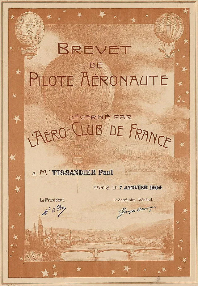 An example of an early 1904 pilot license issued by the Aero-Club de France for ballonists
