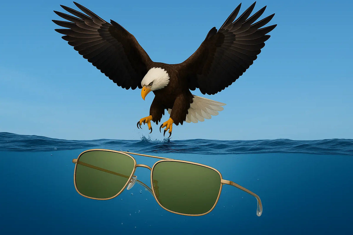 A blad eagle fishing for dinner and going after a pair of Eagle Eyes Freedom Non-Polarized sunglasses with a gold frame and EE15 green lenses.