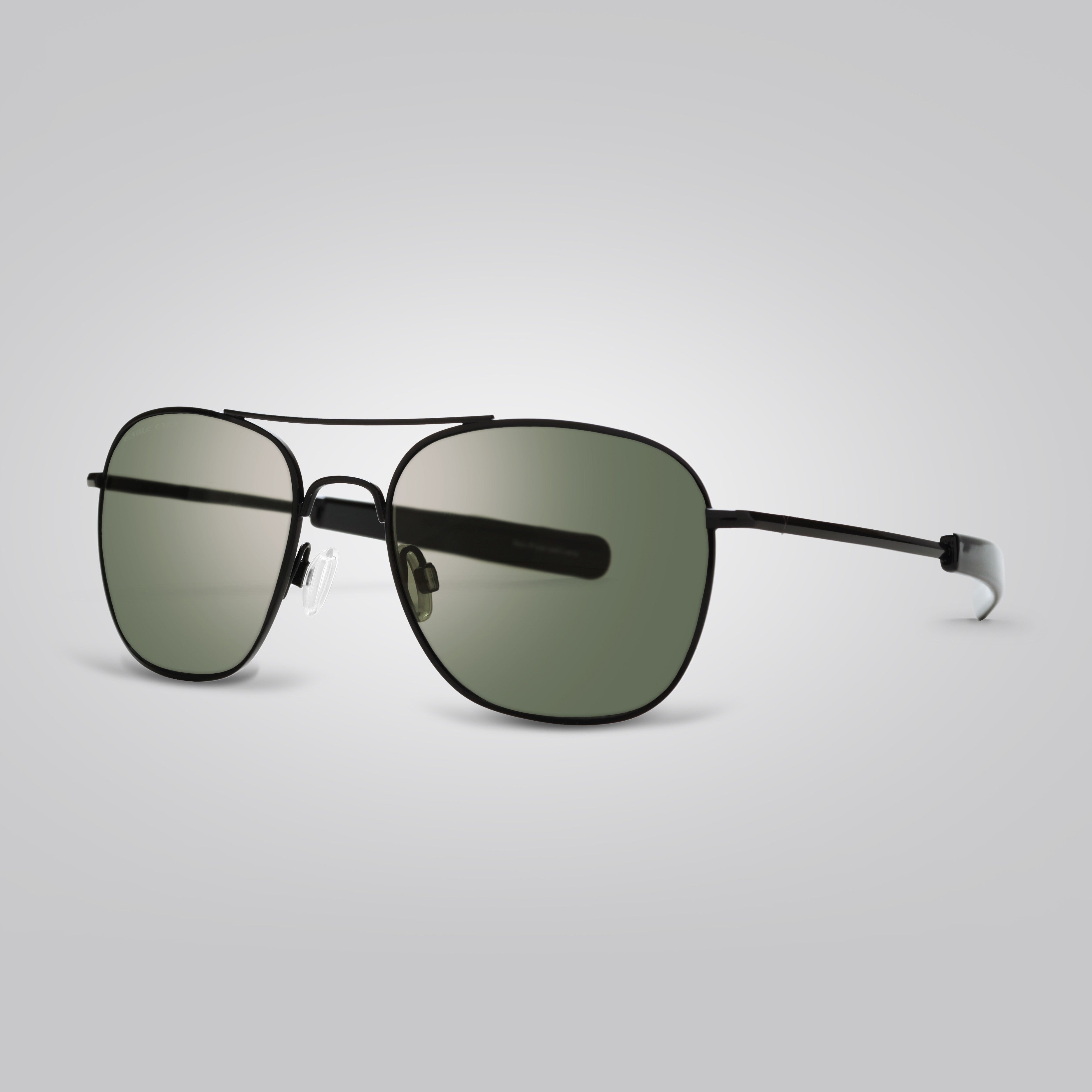 A pair of Eagle Eyes® Black Frame Green Lens Freedom Non-Polarized Pilot Sunglasses in 52, 55 and 57mm Sizes