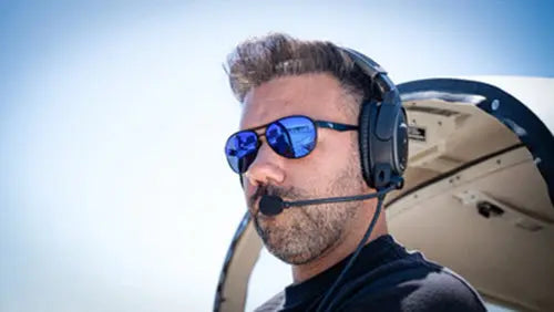 Photo of a pilot wearing a pair of Flying Eyes Optics Cooper sunglasses