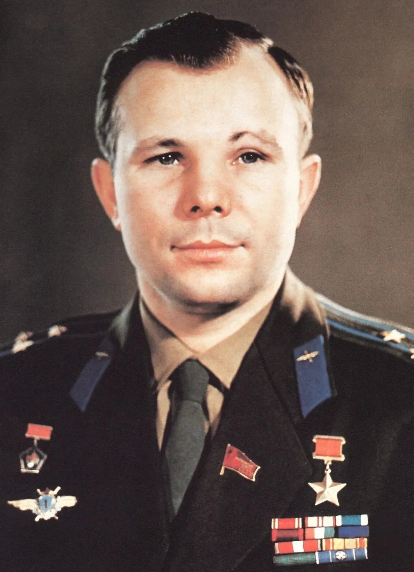 A photograph of Yuri Alexseyevich Gagarin, the first man in space and continued his military service becoming a Colonel in the Soviet Air Force before his aircraft accident on March 27, 1968.