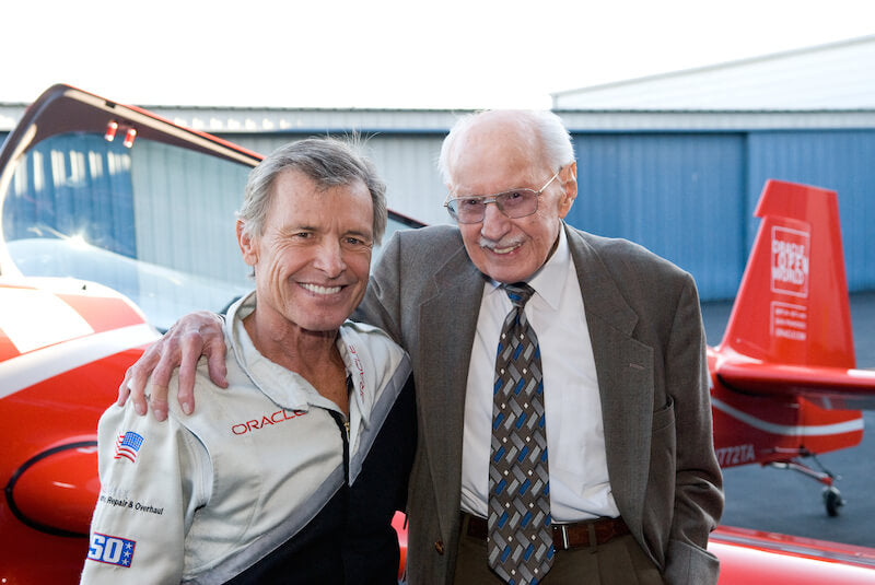 Randolph aviator sunglass Sean D. Tucker and Bob Hoover - American aircraft pilots - Tucker represented Randolph Sunglasses and their sunglass aviators to market aviator sunglasses for men through aerobatics