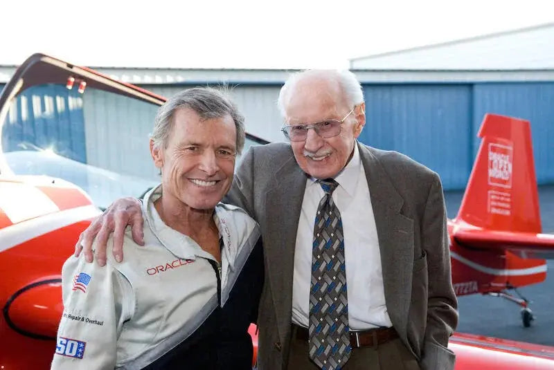 Randolph aviator sunglass Sean D. Tucker and Bob Hoover - American aircraft pilots - Tucker represented Randolph Sunglasses and their sunglass aviators to market aviator sunglasses for men through aerobatics
