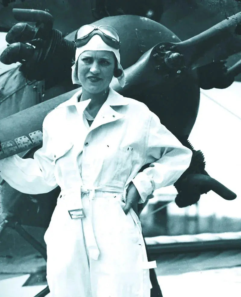 A photograph of Jackie Cochran in 1932 at Roosevelt Field, Long Island, NY from a glass negative