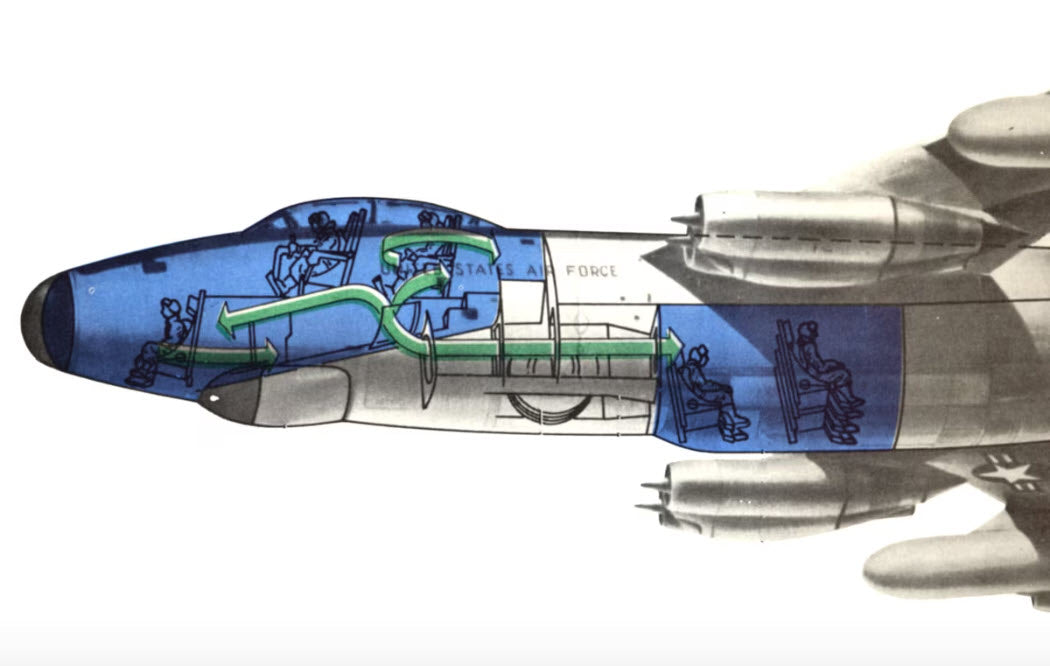 Image of the seating in a Boeing RB-47H reconnaisance aircraft