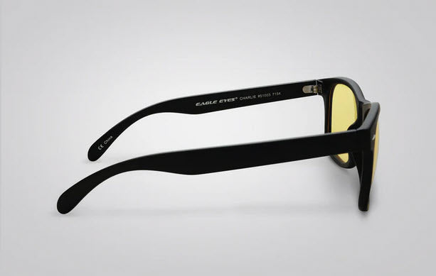 Eage Eyes Charlie Night Driving Glasses with a Matte Black Frame and Night-Lite® Yellow Non-Polarized Lenses.