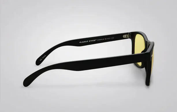 Eage Eyes Charlie Night Driving Glasses with a Matte Black Frame and Night-Lite® Yellow Non-Polarized Lenses.