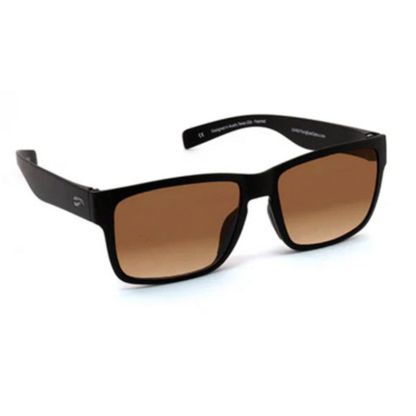 Black sunglasses with brown gradient lenses on a white background
