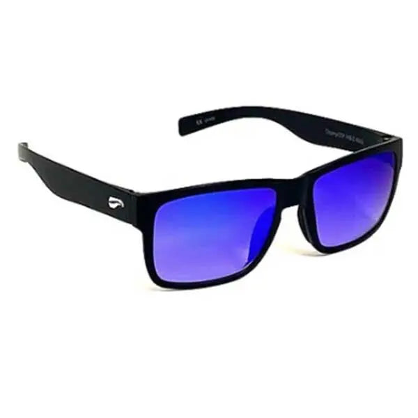 Black sunglasses with blue lenses on a white background