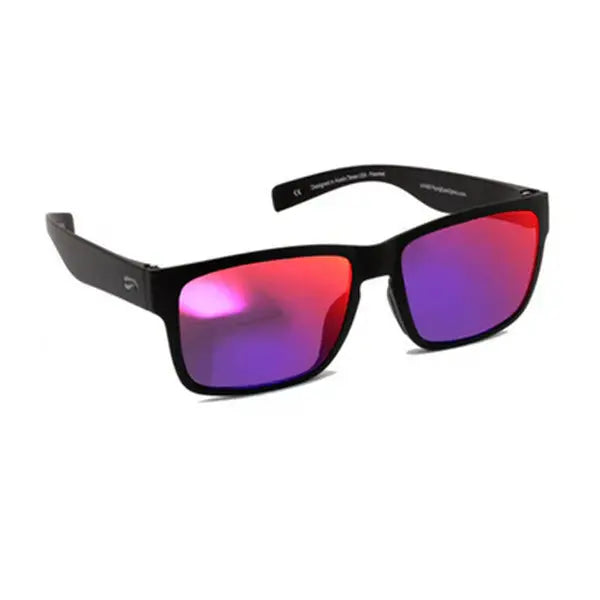 Black sunglasses with red and purple lenses on a white background