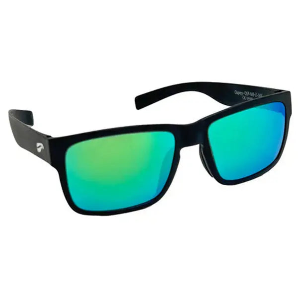 Sunglasses with black frame and green-tinted lenses on a white background