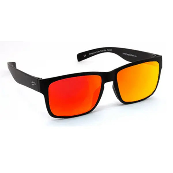 Sunglasses with black frame and red-orange lenses on a white background