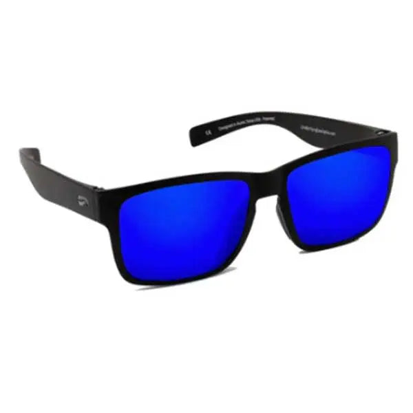 Black-framed sunglasses with blue lenses on a white background