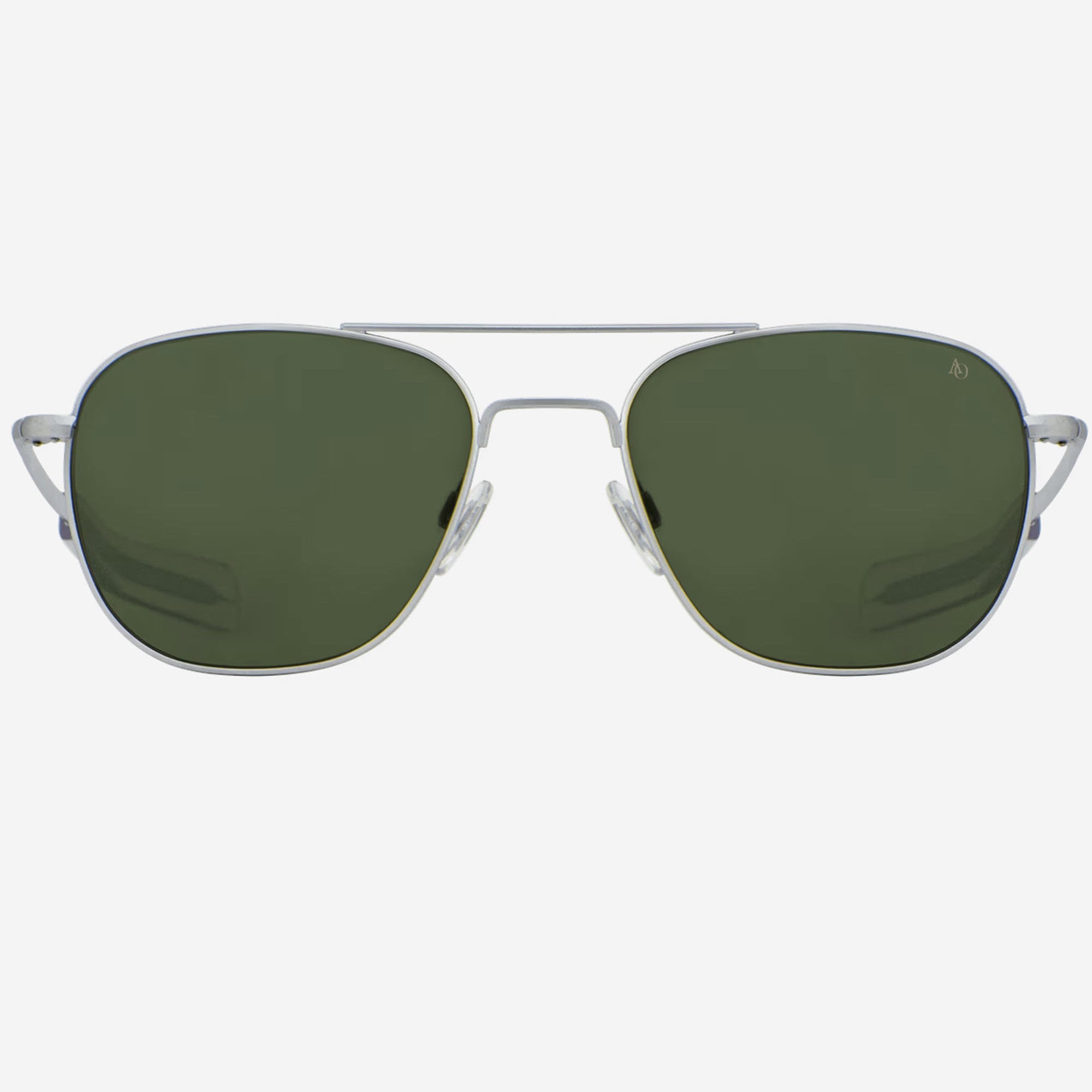 A pair of AO Original Pilot aviator-style sunglasses with a matte silver metal frame and Calobar green lenses, shown from the front.