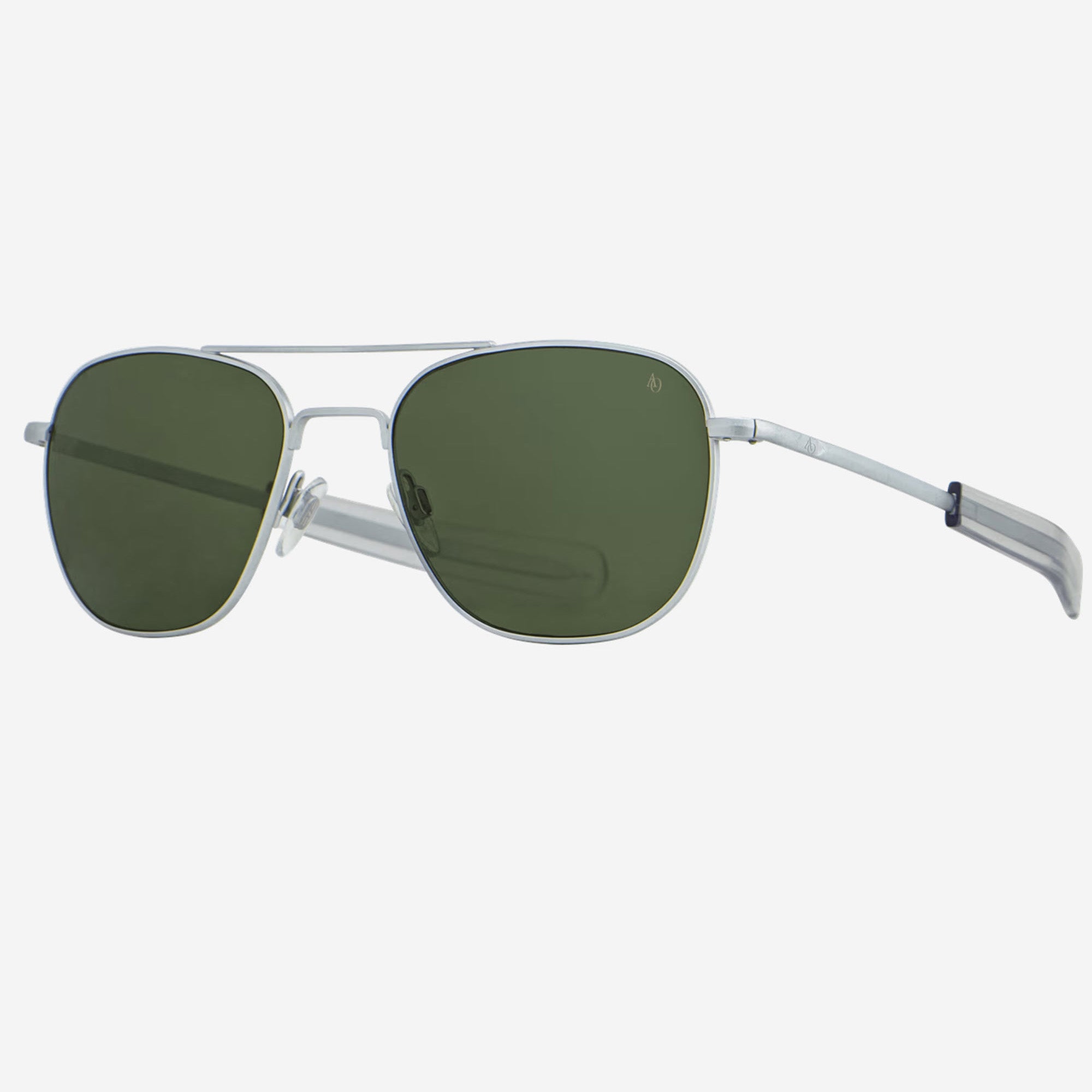 A pair of AO Original Pilot aviator-style sunglasses with a matte silver metal frame and dark green lenses, shown from a side angle
