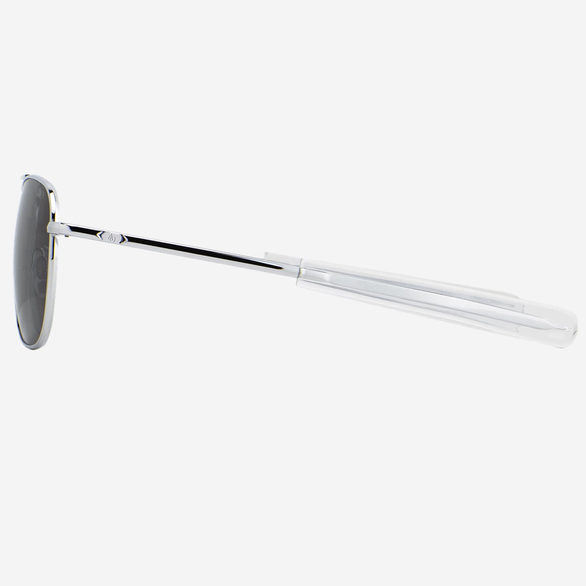 A pair of aviator-style AO Eyewear Original Pilot sunglasses with dark gray lenses, a silver metal frame, side view, shown against a plain white background.