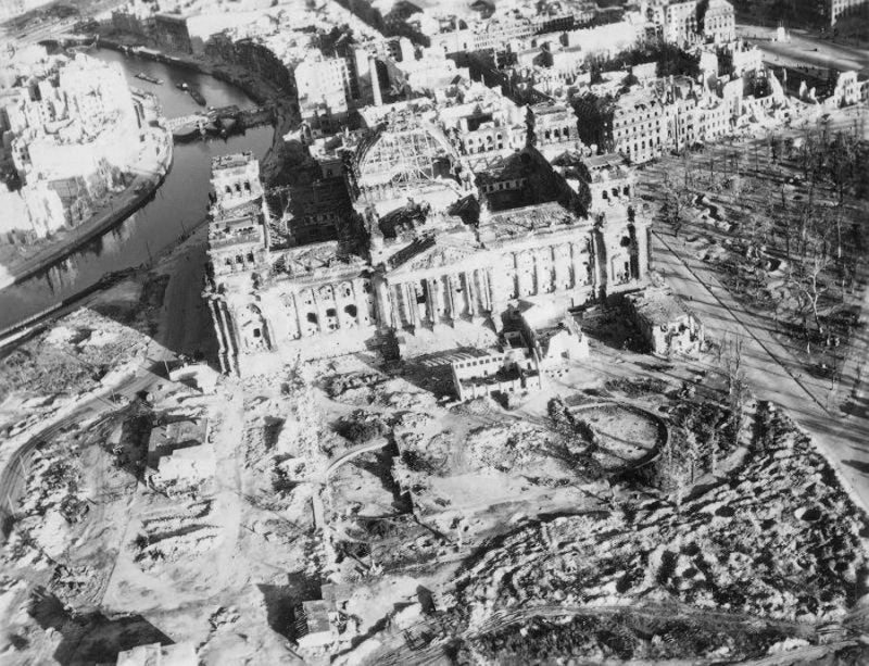 An aerial shot of bombed out Berlin shortly after the end of World War II