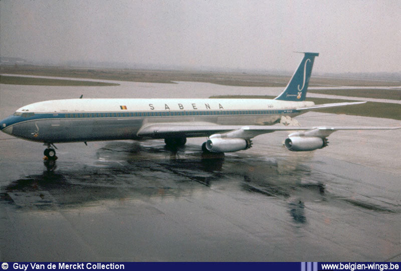 A Boeing 707 sitting on the tarmac belonging to SABENA Airlines in 1961
