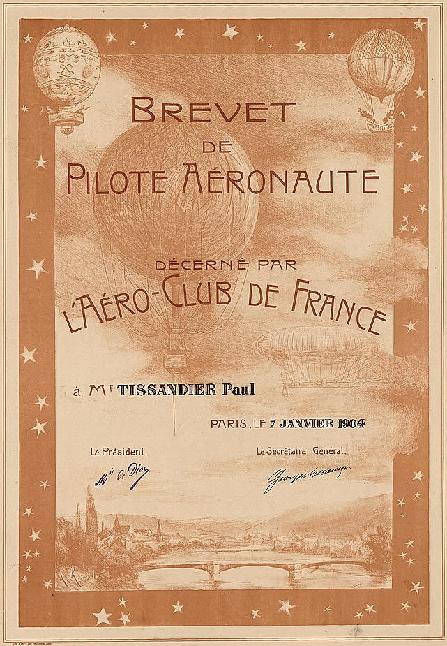 An example of an early 1904 pilot license issued by the Aero-Club de France for ballonists