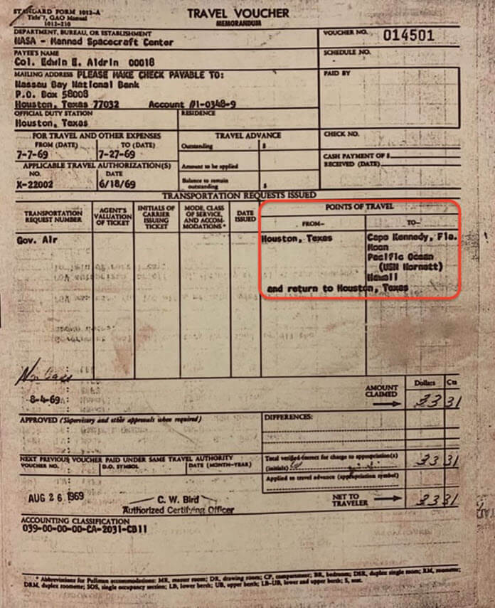 The travel voucher for Buzz Aldrin's round trip from Houston, Texas to the Moon and back to Houston, Texas