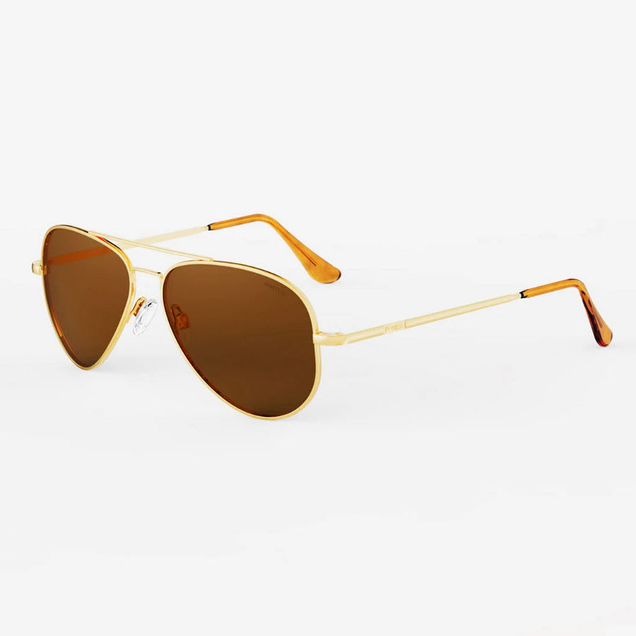 A pair of Randolph Concorde sunglasses with Skull temples, 23K Gold Frame and Tan lenses