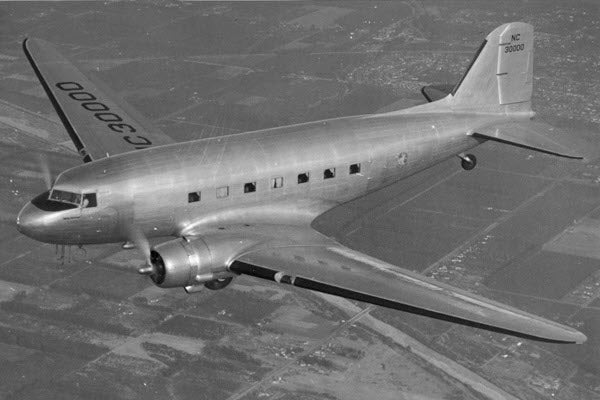 Photo of a Douglas DC-3 aircraft which was destined to become one of the most important airliners in history.