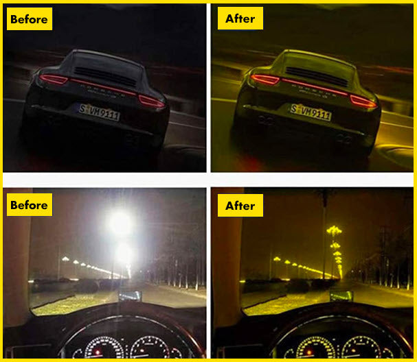 An image showing the benefits of wearing Eagle Eyes® Optics Nite-Lite® Lens Technology while driving at night.