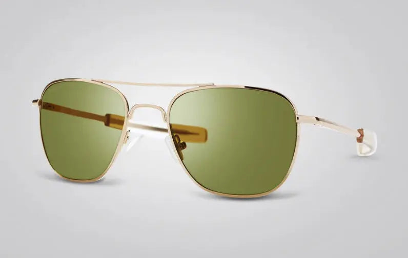 A pair of Eagle Eyes® Optics Freedom Non-Polarized Gold Frame EE-15 Green lens sunglasses.