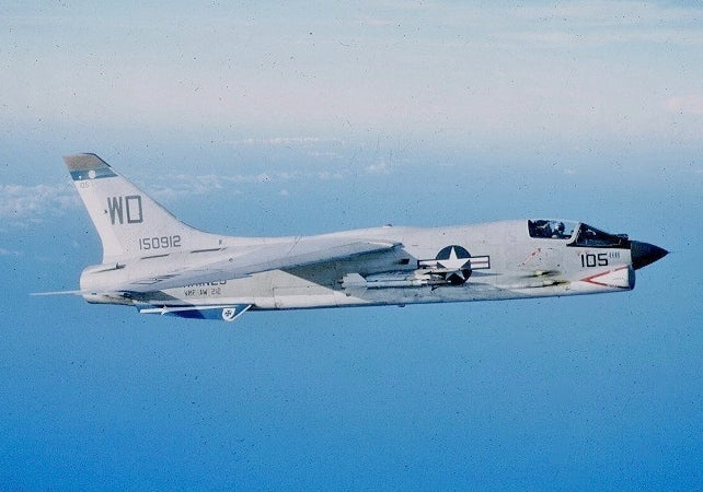 F-8 Crusader aircraft in flight over the ocean off the coast of California