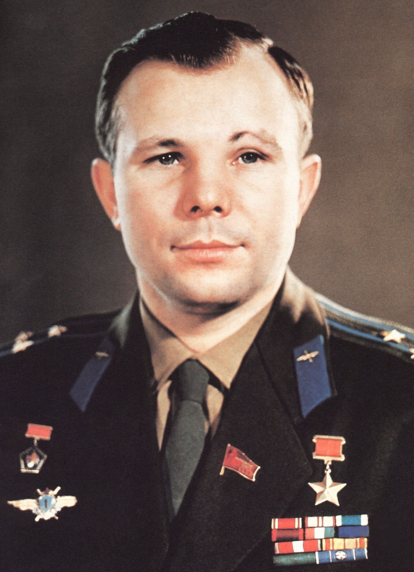 A photograph of Yuri Alexseyevich Gagarin, the first man in space and continued his military service becoming a Colonel in the Soviet Air Force before his aircraft accident on March 27, 1968.
