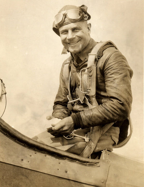 A photo of Jimmy Doolittle sitting on the Turtle Deck of a Curtiss P-1C Hawk at the 1929 Cleveland National Air Races
