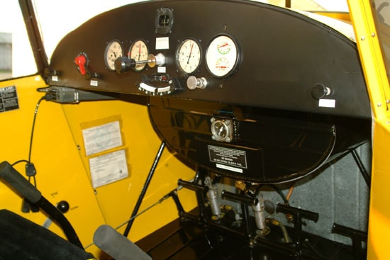 The cockpit of a PA-11 Piper Cub aircraft like the one the boys flew on their transcontinental round trip in 1966.