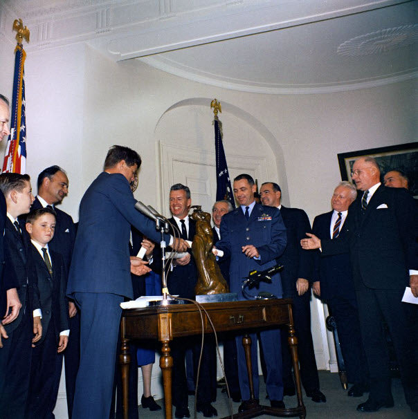 President John F. Kennedy presents the 1961 Harmon International Trophy for Aviators to A. Scott Crossfield, Joseph A. Walker, and Major Robert M. White. (L-R)