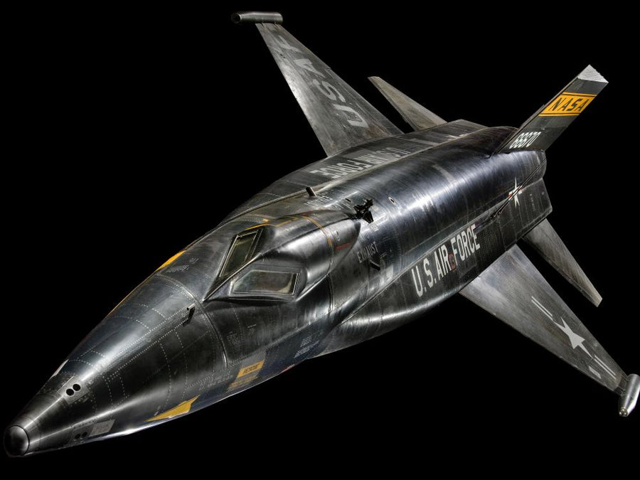 An image of one of the three X-15 hypersonic aircraft hanging in the Milestone of Flight gallery of the Smithsonian's National Air and Space Museum.