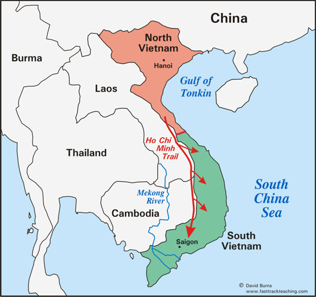 The map of Vietnam below shows the division of the country into communist North Vietnam and non-communist South Vietnam during the period 1954 - 1975.