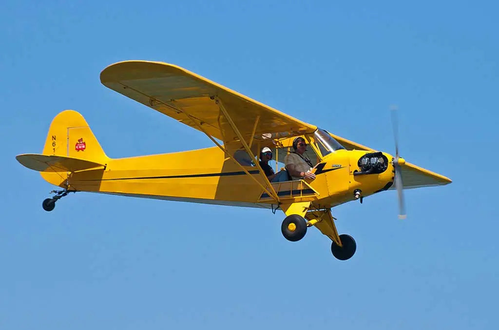 Piper J-3 Cub inflight, one of the most successful general aviation aircraft in all time.