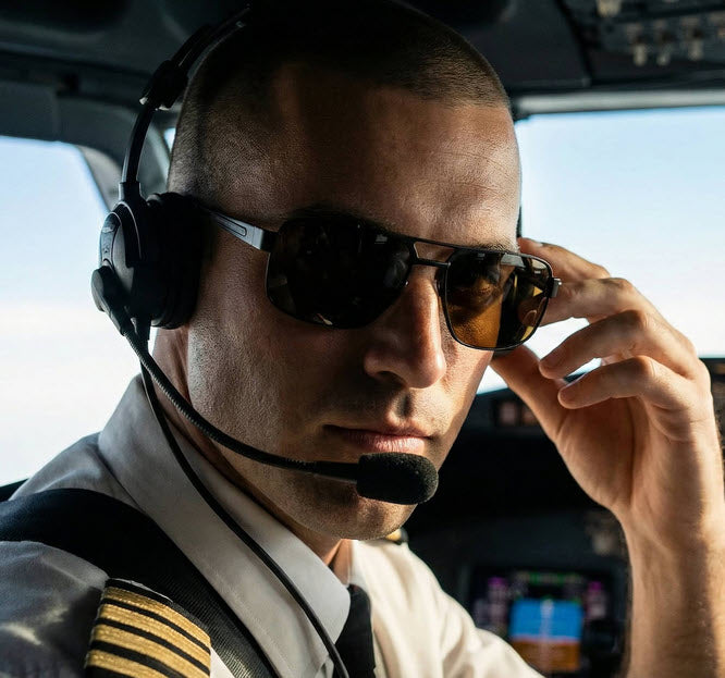 Airline pilot wearing a pair of Scheyden C-130 Aviator sunglasses