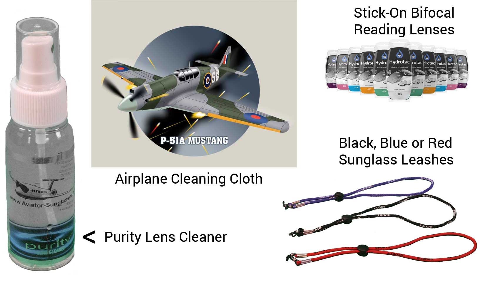 Sunglass sunglasses accessories microfiber cleaning cloth leash leashes Purity lens cleaner solution stick-on bifocal lenses polish clean straps chums glass glasses adjustable retainer retainers holder croakies wipes no-fog smudge keeper floating 