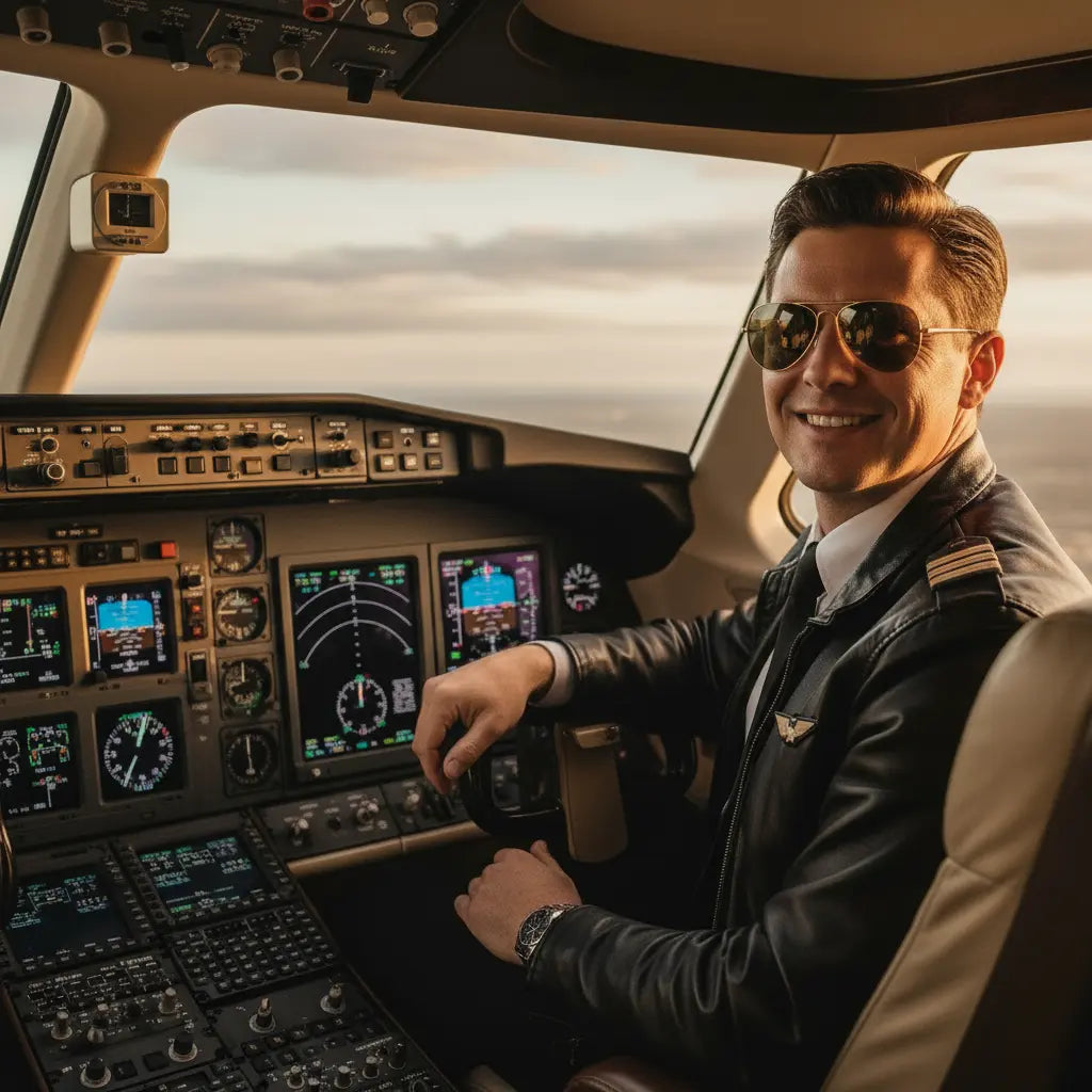 Pilot in cockpit wearing a pair of Eagle Eyes Pilot Sunglasses Freedom Non-Polarized Pilot sunglasses Gold Frame and Tan lenses