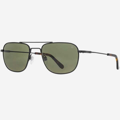 This is the new AO Checkmate model with a Matte Black Frame, Skull Temples, and Calobar™ Green Lenses.