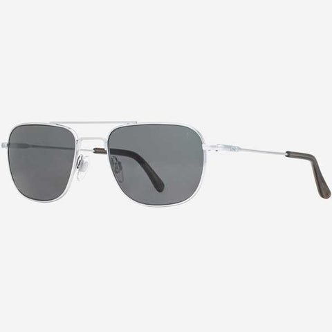This is the new AO Checkmate sunglasses with a Silver Frame, Skull Temples, and True-Color™ Gray lenses.
