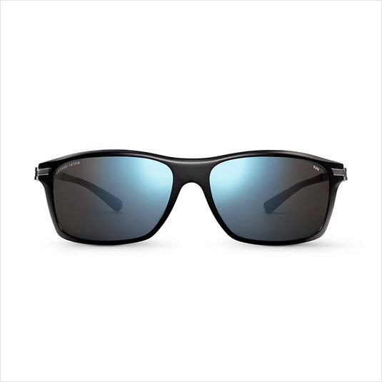 A pair Method Seven Altitude FLT18 sunglasses with square-frame and a glossy black frame and mirrored blue-gray lenses, shown from the front on a white background.