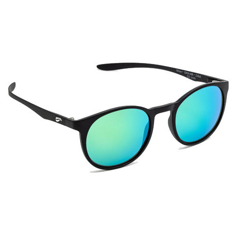 Ninox Flying Eye Optics sunglasses with Matte Black frame and Mirrored Emerald lenses.