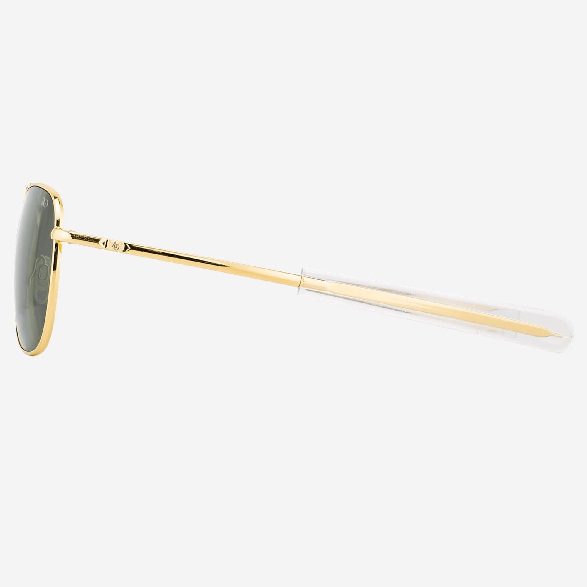 AO Original Pilot aviator sunglasses with a gold metal frame and translucent clear acetate temple tips.
