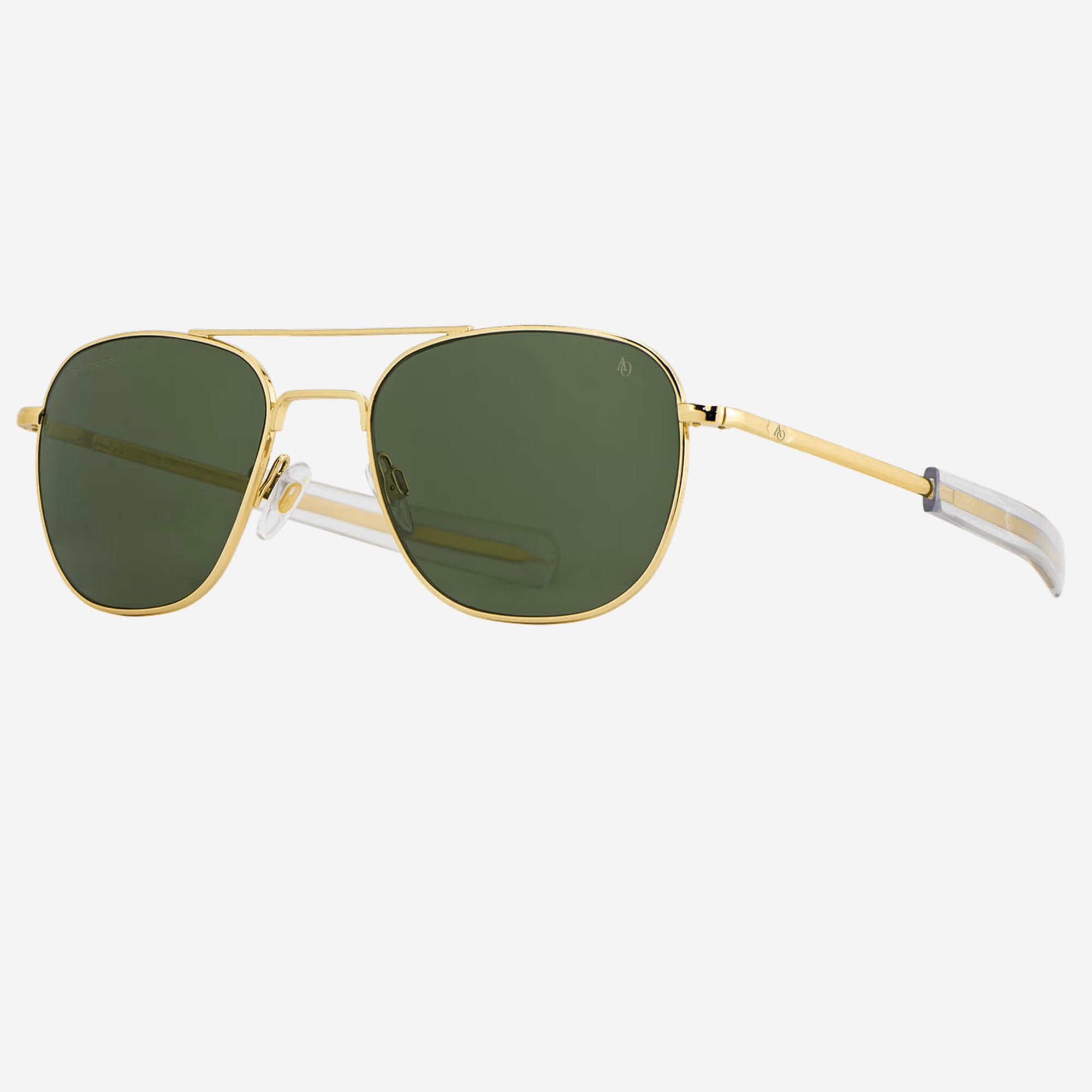 A pair of AO Original Pilot aviator sunglasses with a gold metal frame and dark green lenses, shown against a plain white background.