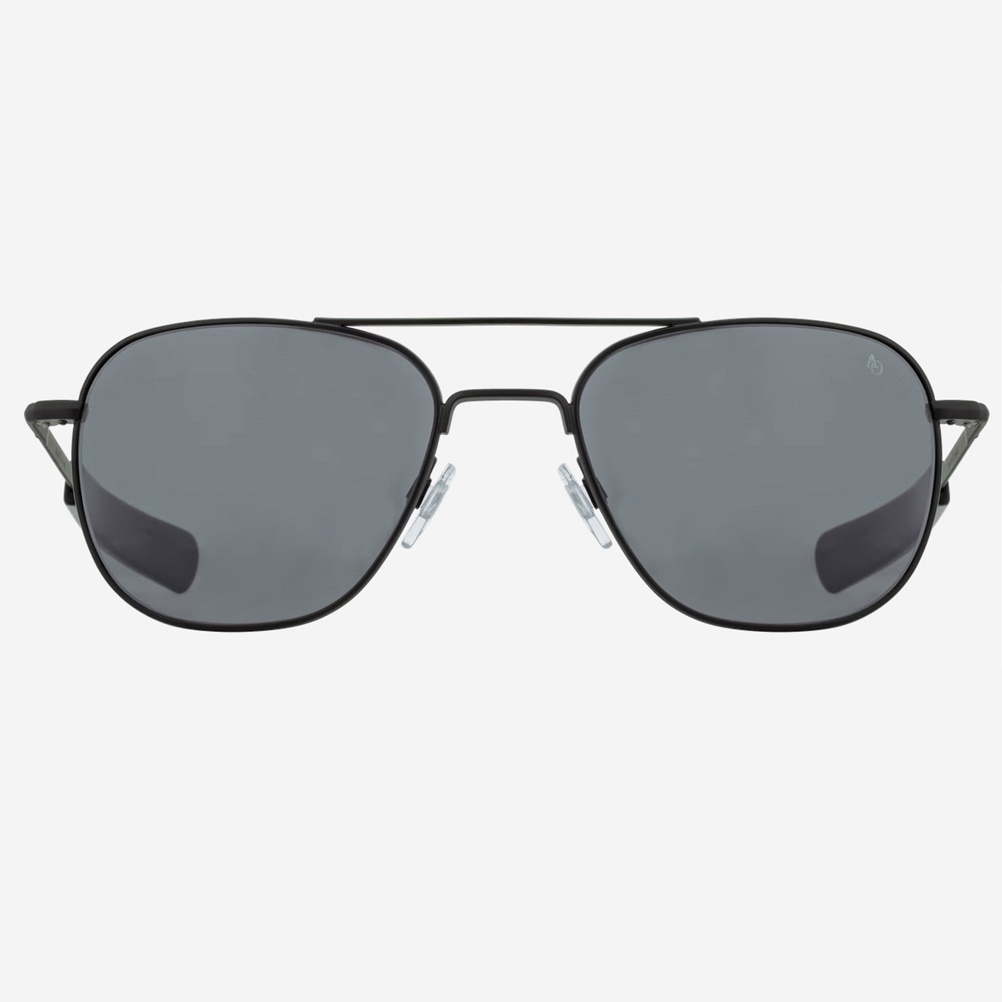 A pair of classic AO Original Pilot aviator sunglasses with a black metal frame and gray lenses, shown from a front-facing perspective on a white background.