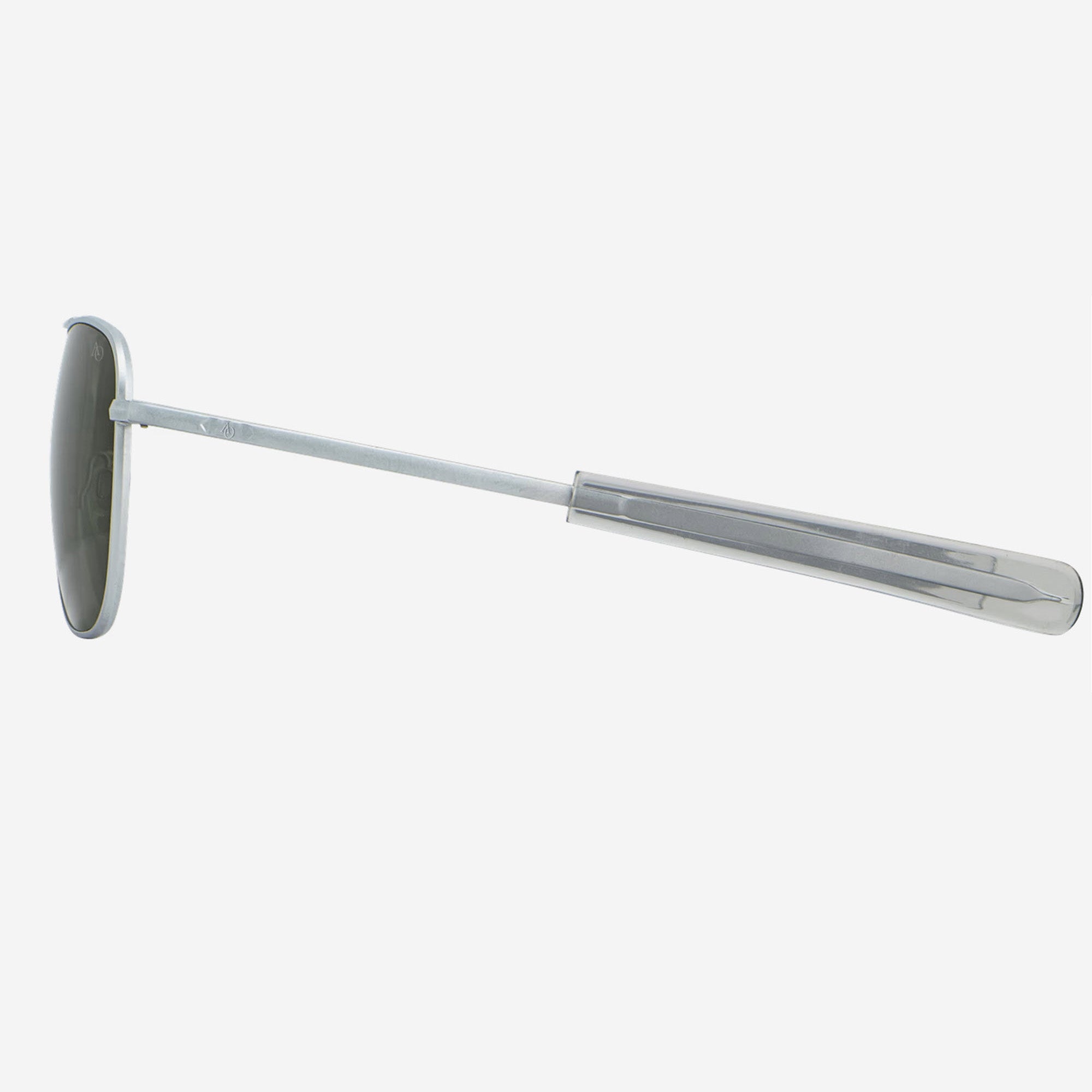 A matte silver AO Original Pilot aviator sunglass, with Calobar green lenses, shown in side view.