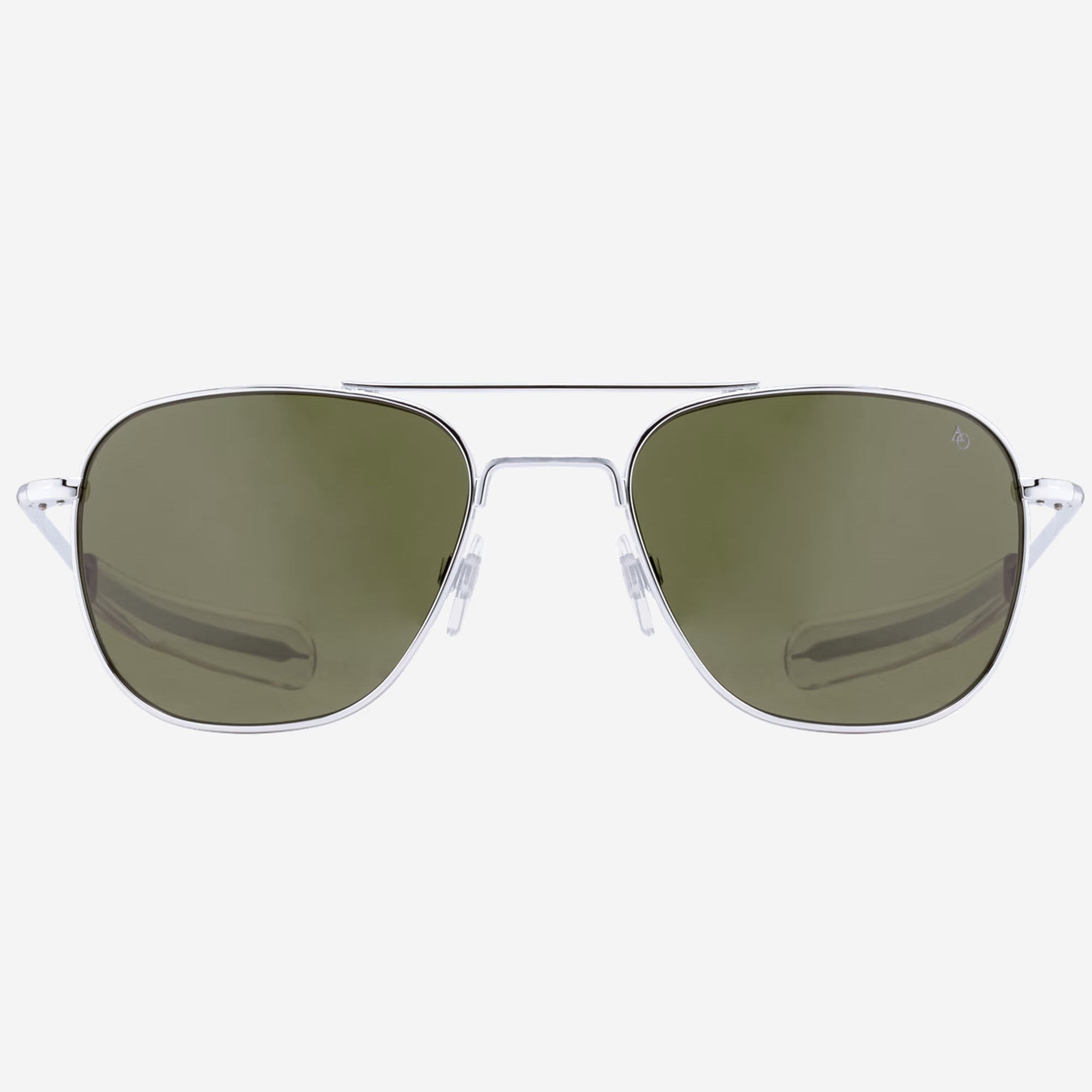 A pair of aviator-style sunglasses with a matte silver metal frame and olive green tinted lenses, shown from a front-facing perspective on a white background.