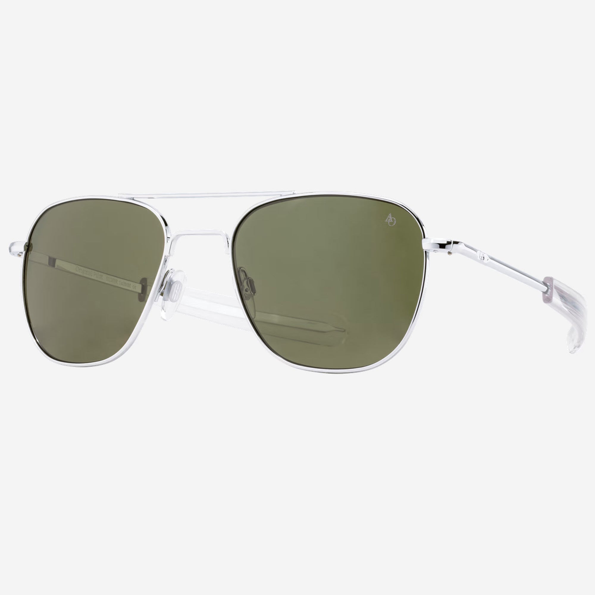 AO Original Pilot Aviator sunglasses by AO Eyewear with green lenses and silver frame on a white background